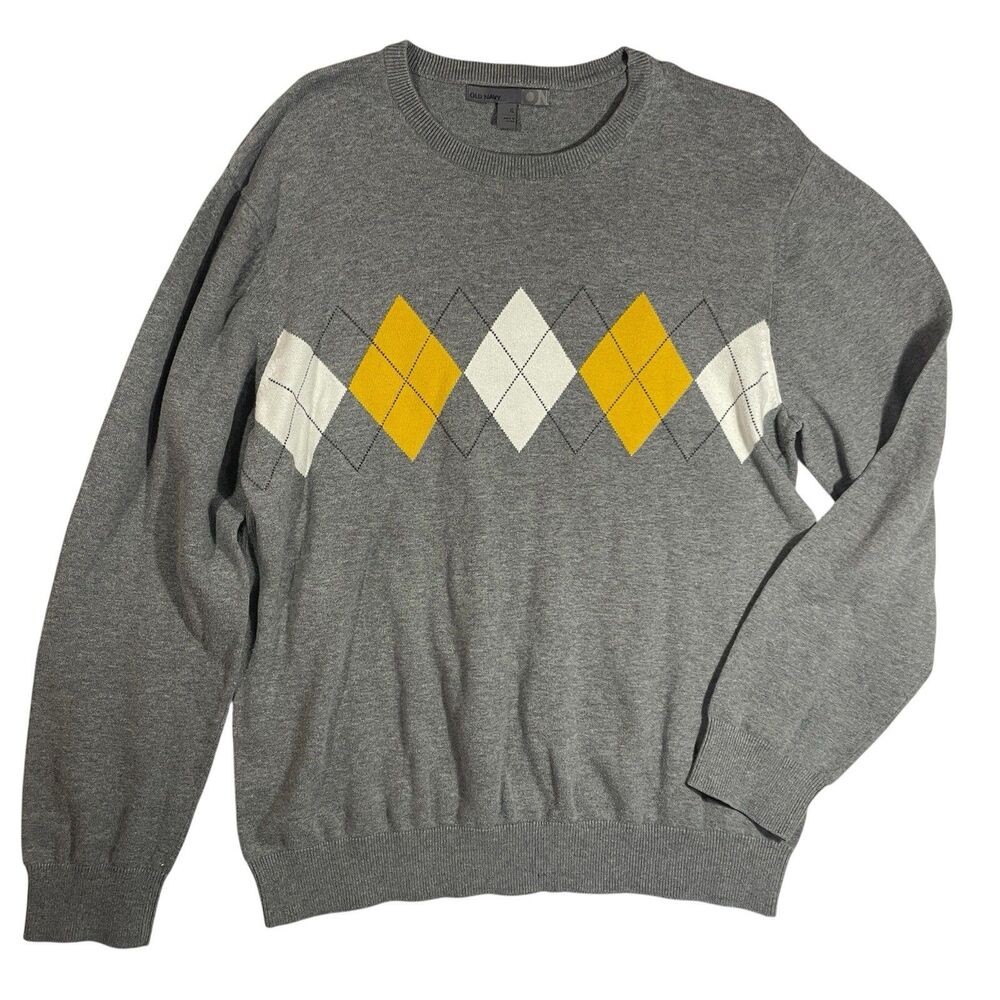 Old Navy Y2k Mens Size Xl Preppy Diamond Sweater 2009 Cotton Sweater Gray Yellow